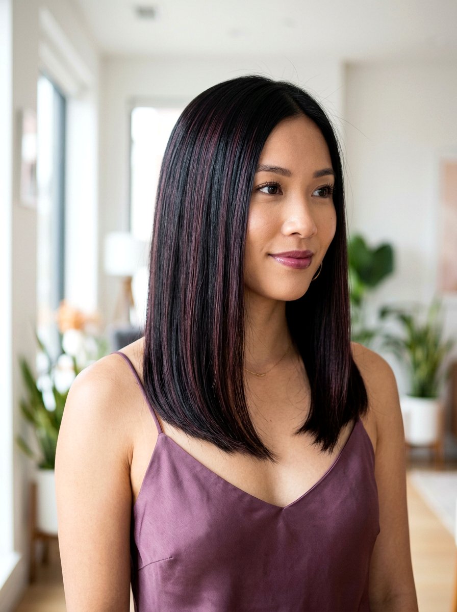 Plum Highlights on Black Hair - 20 purple balayage with black roots - 20 purple balayage with black roots