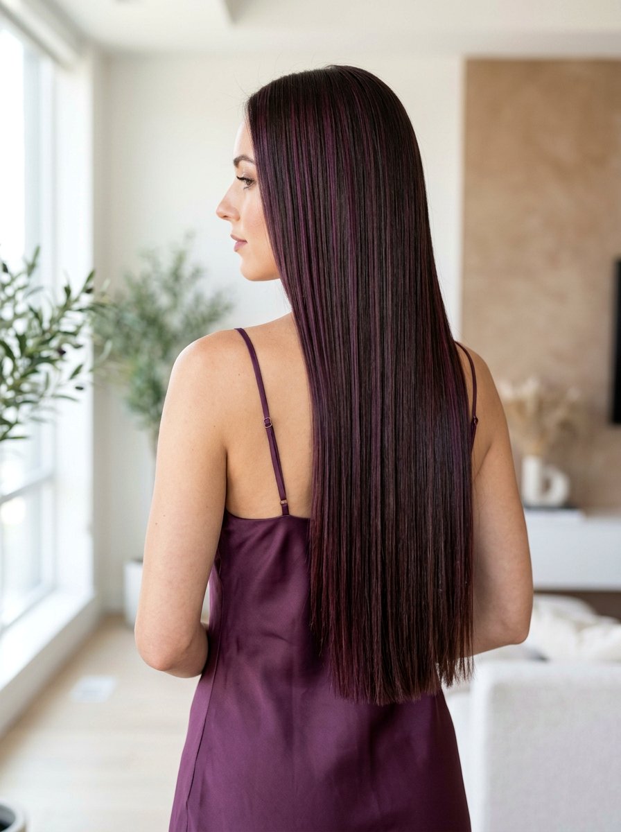 Plum Highlights on Long Straight Brunette Hair - 20 plum brunette highlights - 20 plum brunette highlights
