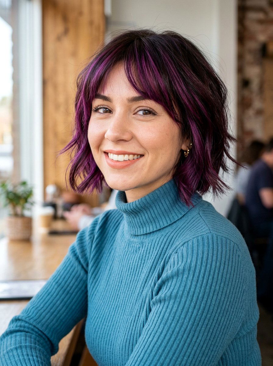 Plum Highlights on Short Brunette Bob - 20 plum brunette highlights - 20 plum brunette highlights