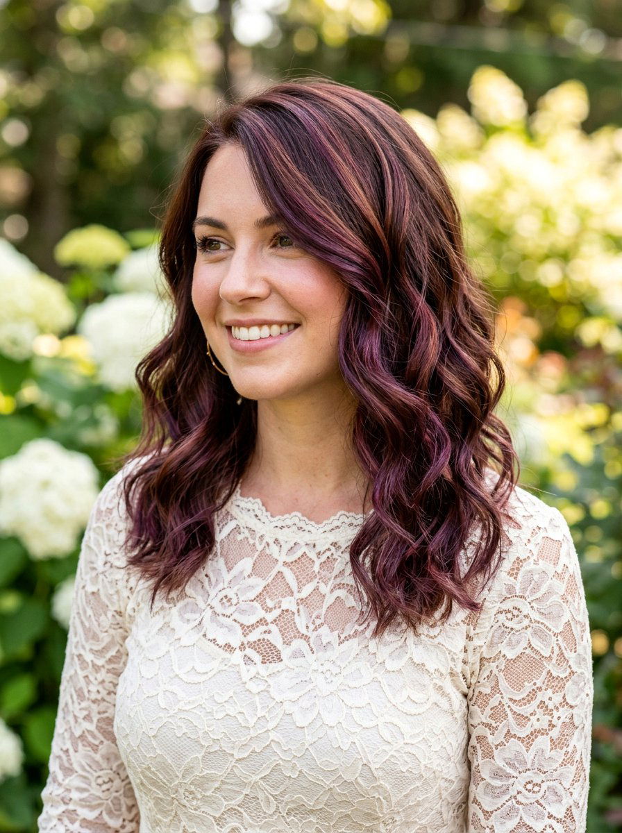 Plum Highlights on Wavy Brunette Hair - 20 plum brunette highlights - 20 plum brunette highlights