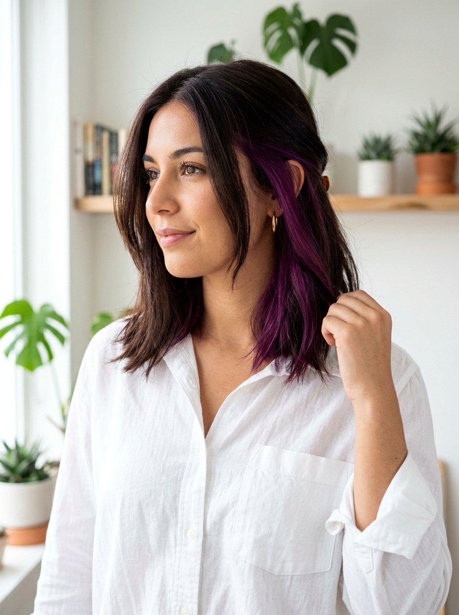 Plum Peekaboo Highlights on Brunette Hair - 20 plum brunette highlights - 20 plum brunette highlights