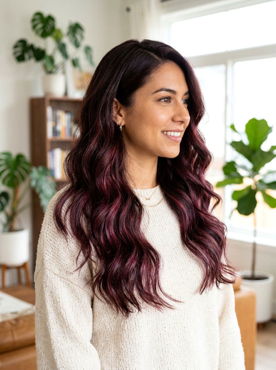 Plum Red Balayage On Dark Brown Waves - 20 plum red balayage on dark hair - 20 plum red balayage on dark hair