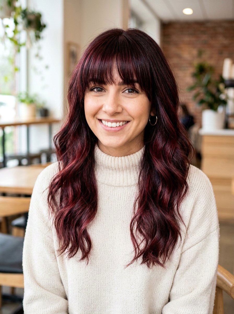 Plum Red Balayage On Dark Hair With Bangs - 20 plum red balayage on dark hair - 20 plum red balayage on dark hair