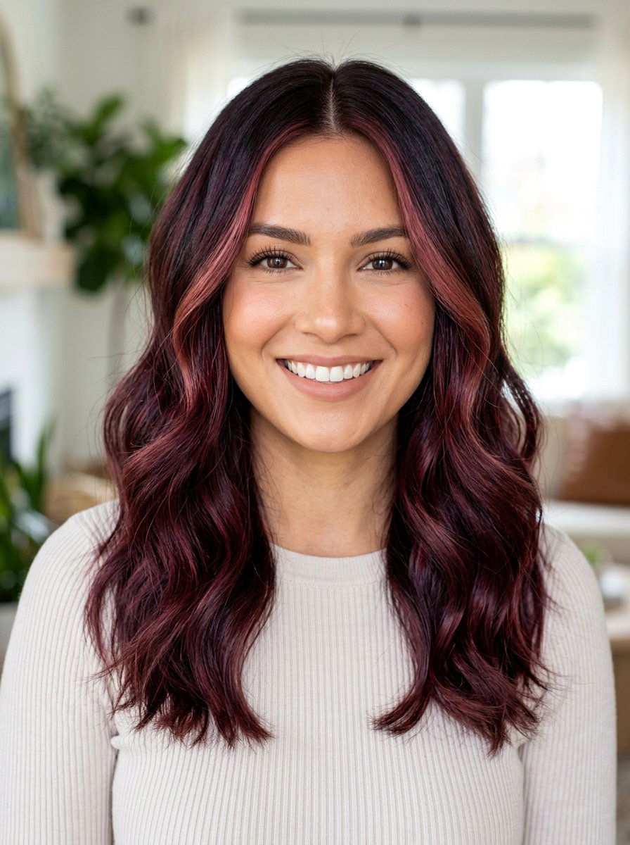 Plum Red Balayage With Face Framing Highlights - 20 plum red balayage on dark hair - 20 plum red balayage on dark hair
