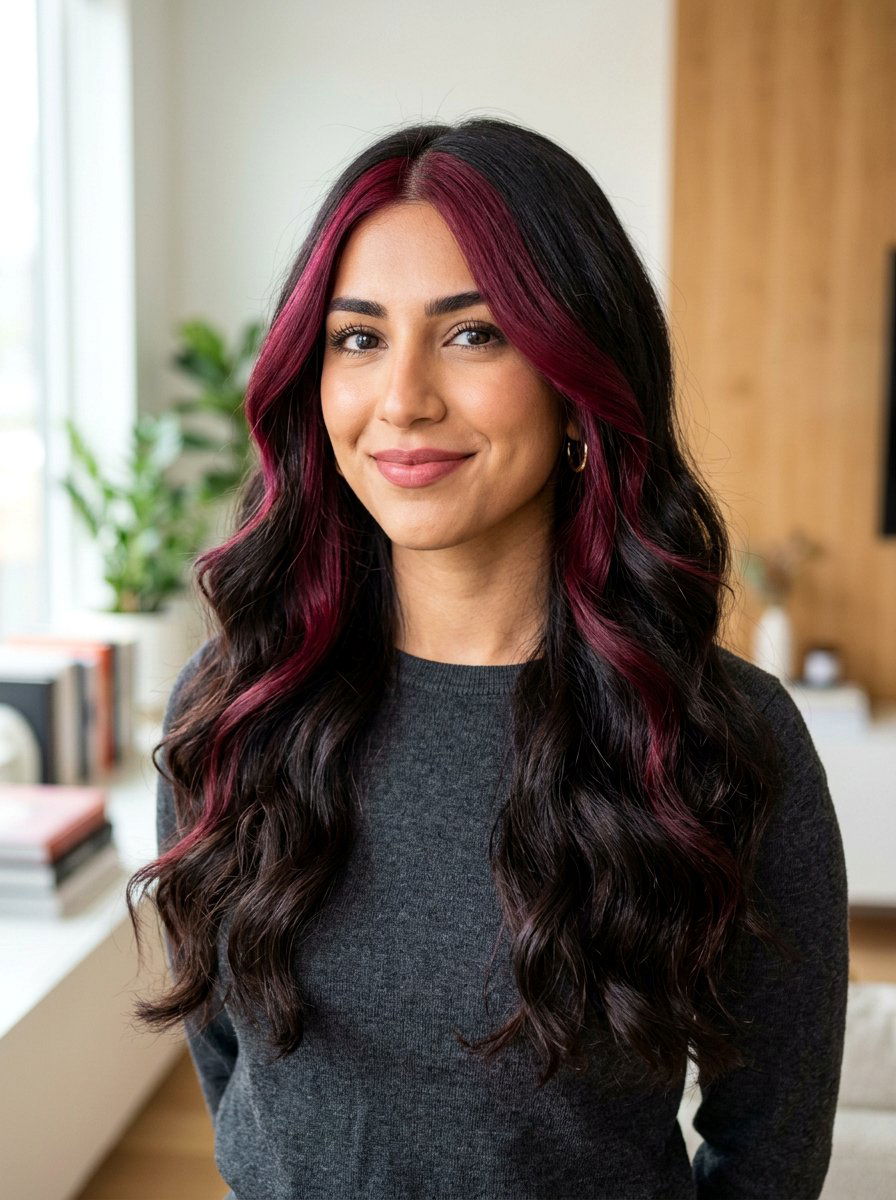 Plum Red Money Piece On Dark Hair - 20 plum red balayage on dark hair - 20 plum red balayage on dark hair