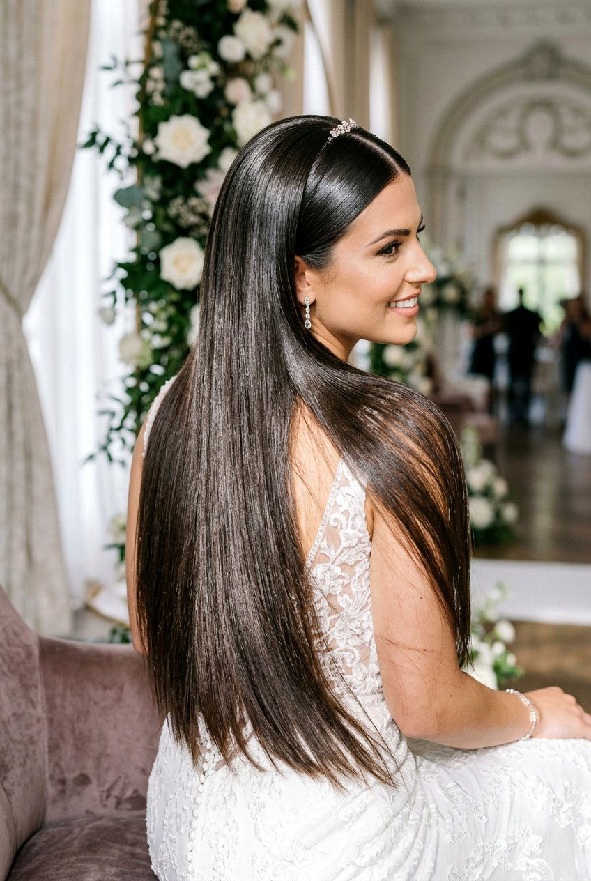 Polished Cascading Straight Bridal Hair - 20 bridal hairstyle for sleek modern wedding - 20 bridal hairstyle for sleek modern wedding