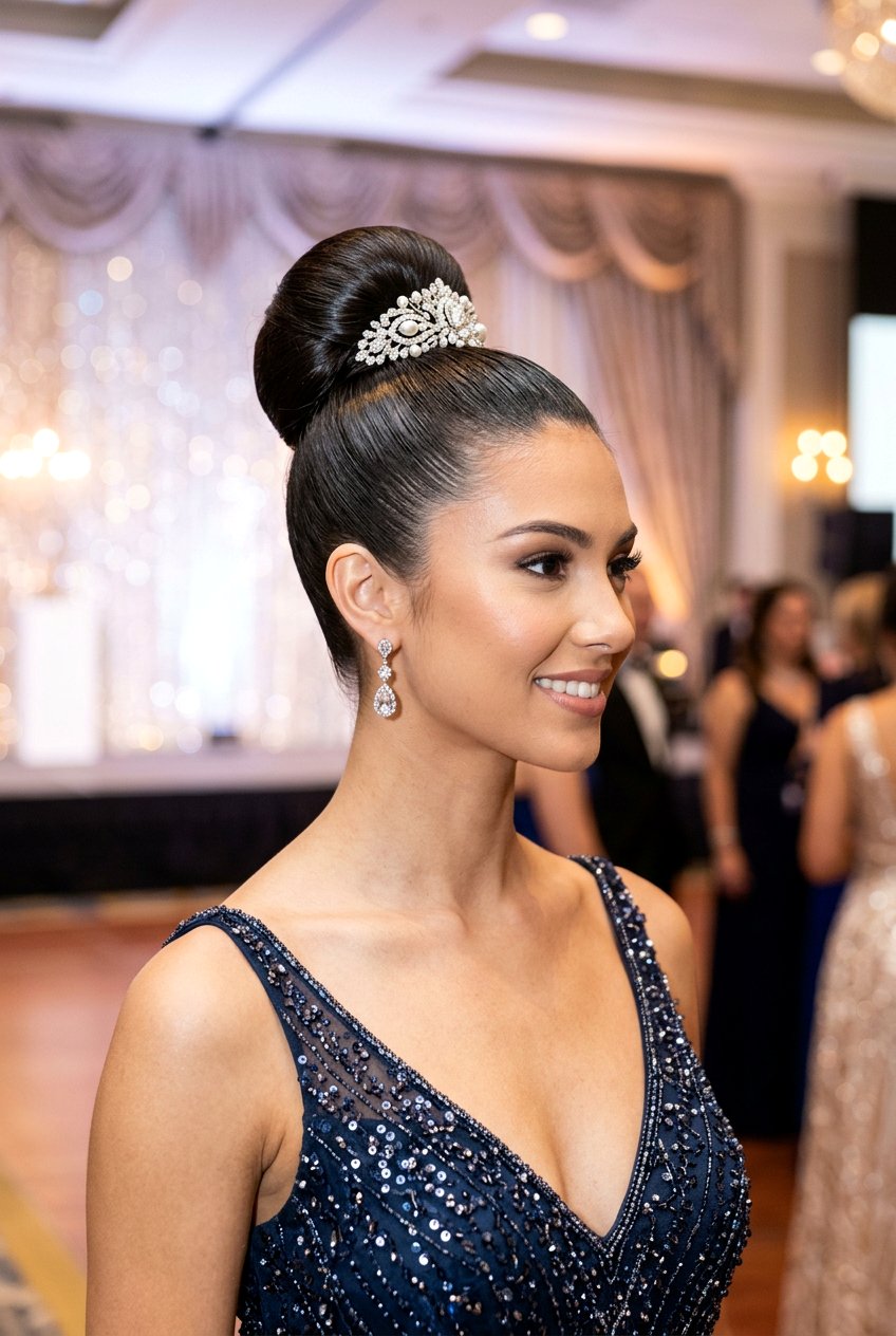 Polished High Bun Pageant Updo - 20 pageant hairstyles - 20 pageant hairstyles