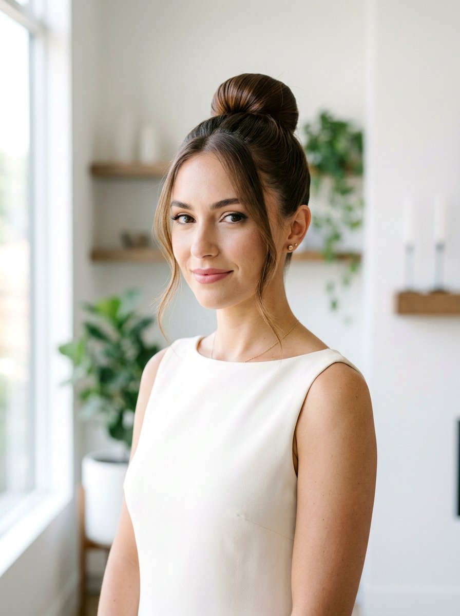 Polished High Bun With Wispy Strands - 20 soft glam hairstyle for wedding guest - 20 soft glam hairstyle for wedding guest