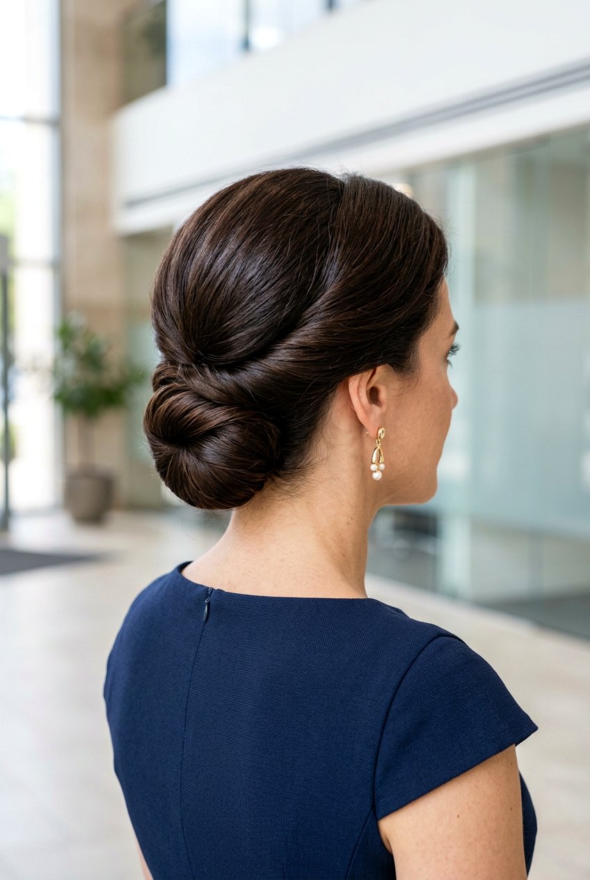 Polished Low Bun - 20 office hairstyle for thin fine hair - 20 office hairstyle for thin fine hair
