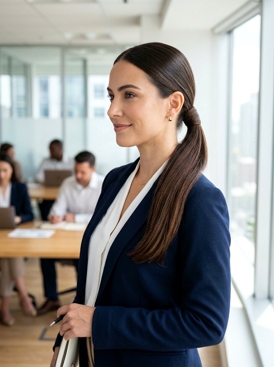 Polished Low Ponytail With Wrapped Hair - 20 soft glam hairstyle for shoulder length hair - 20 soft glam hairstyle for shoulder length hair