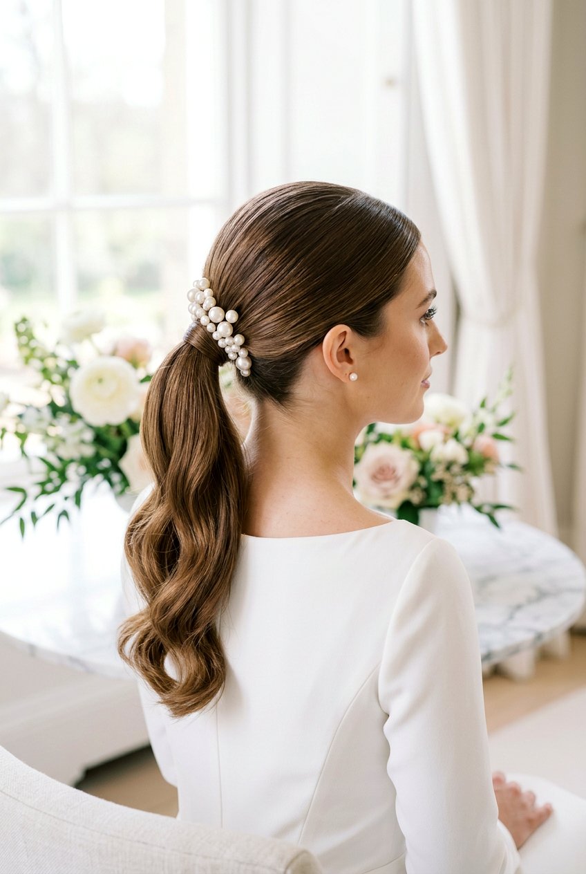 Polished Mid Height Bridal Ponytail - 20 bridal ponytail with pearl pins - 20 bridal ponytail with pearl pins