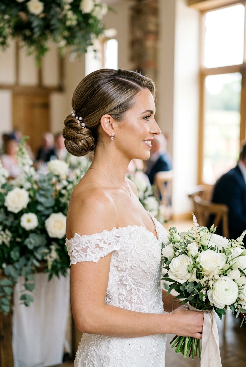 Polished Side Part Bridal Updo - 20 bridal hairstyle for sleek modern wedding - 20 bridal hairstyle for sleek modern wedding