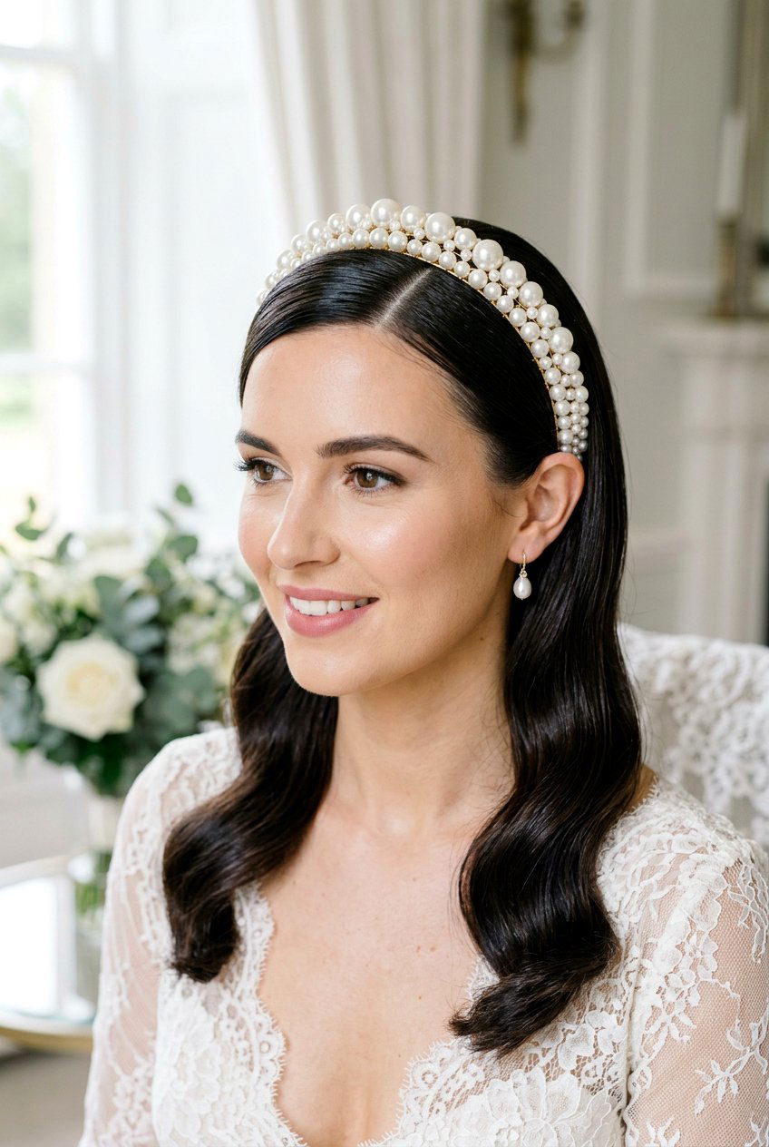 Polished Side Part With Pearl Headband - 20 bridal hairstyle with pearl headband - 20 bridal hairstyle with pearl headband
