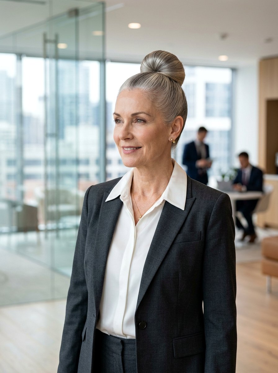 Polished Top Knot - 20 interview hairstyle for mature women - 20 interview hairstyle for mature women