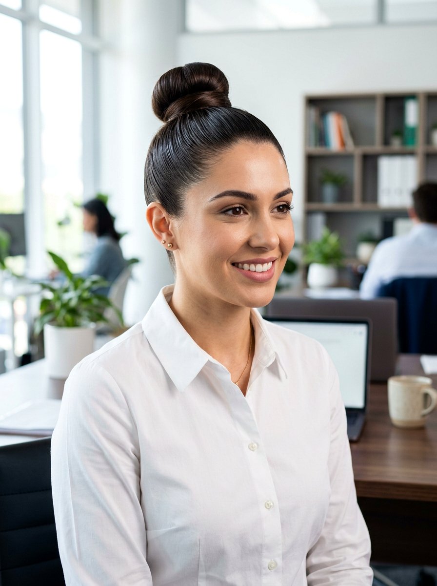 Polished Top Knot Rainy Day - 20 office hairstyle for rainy days - 20 office hairstyle for rainy days