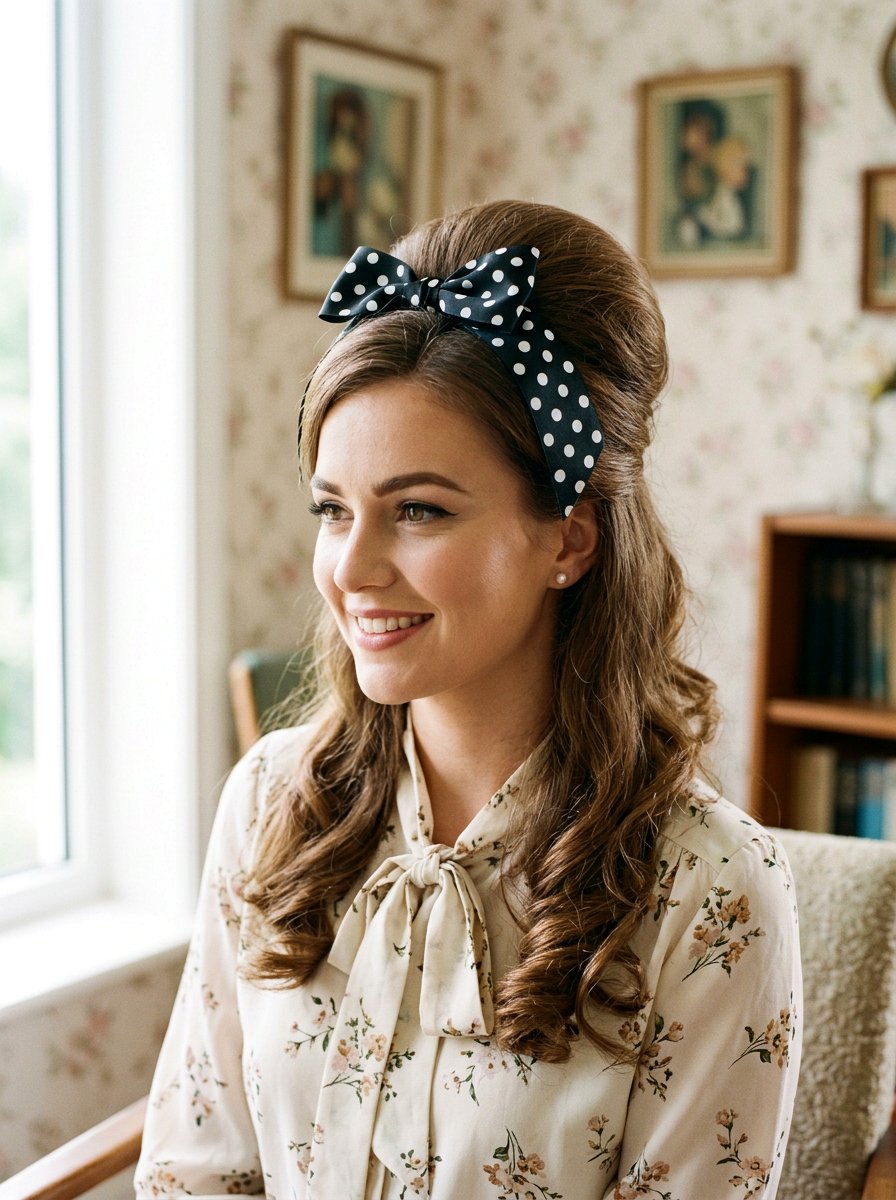 Polka Dot Bow Half Up Retro - 20 ribbon bow half up hairstyle - 20 ribbon bow half up hairstyle