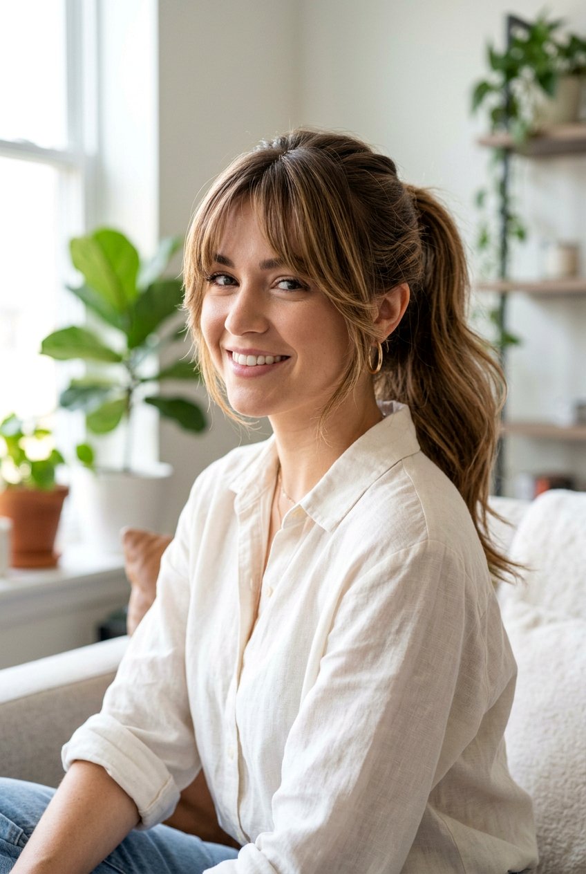Ponytail With Face Framing Layers And Curtain Bangs - 20 ponytail with curtain bangs - 20 ponytail with curtain bangs