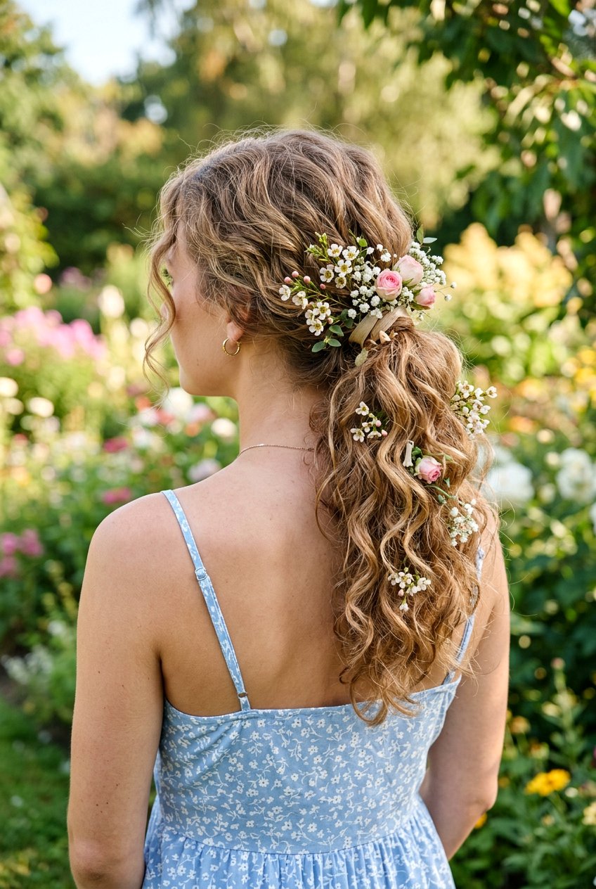 Ponytail With Floral Clips And Curls - 20 soft girl ponytail with curls - 20 soft girl ponytail with curls