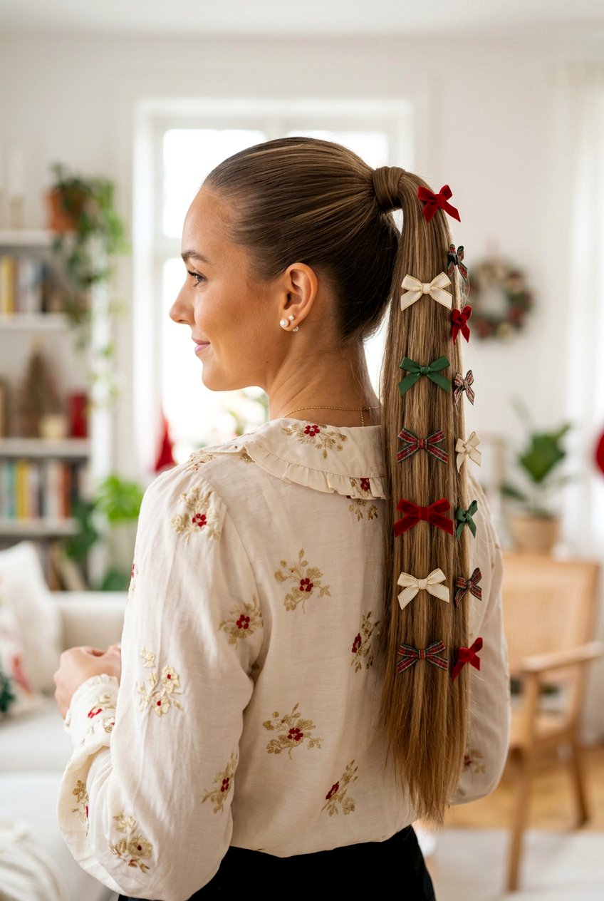 20 Festive Christmas Bow Ponytail Ideas for the Holidays