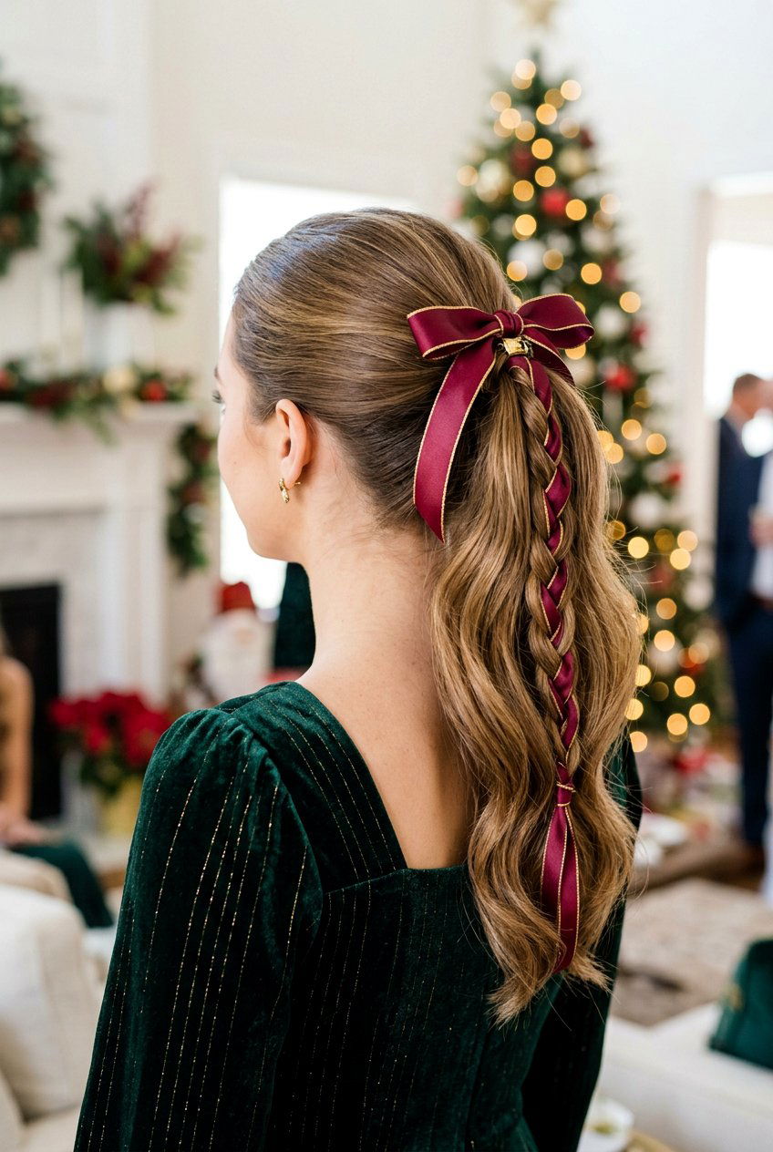 Ponytail With Ribbon Braid Detail And Bow - 20 christmas bow ponytail - 20 christmas bow ponytail