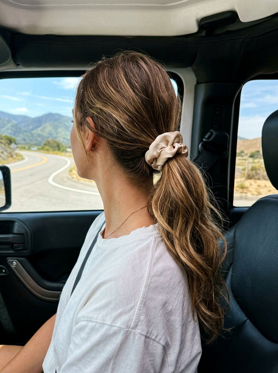 Ponytail With Silk Scrunchie For Road Trips - 20 road trip ponytail hairstyles - 20 road trip ponytail hairstyles