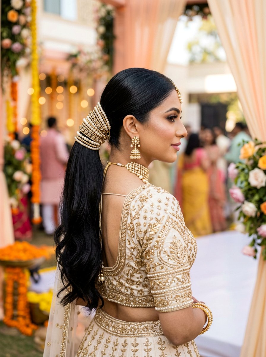 Ponytail with Pearl Embellished Base - 20 sangeet ponytail hairstyle - 20 sangeet ponytail hairstyle
