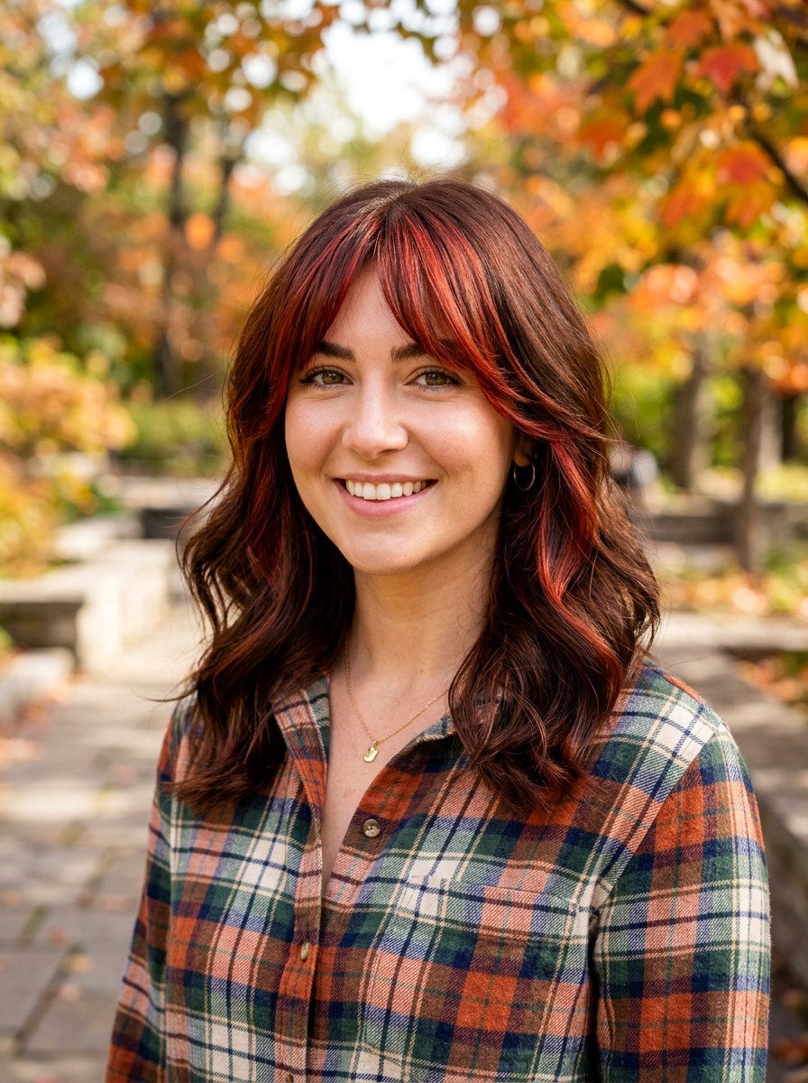 Poppy Red Gloss Brunette Curtain Bangs - 20 red gloss hair color for brunettes - 20 red gloss hair color for brunettes