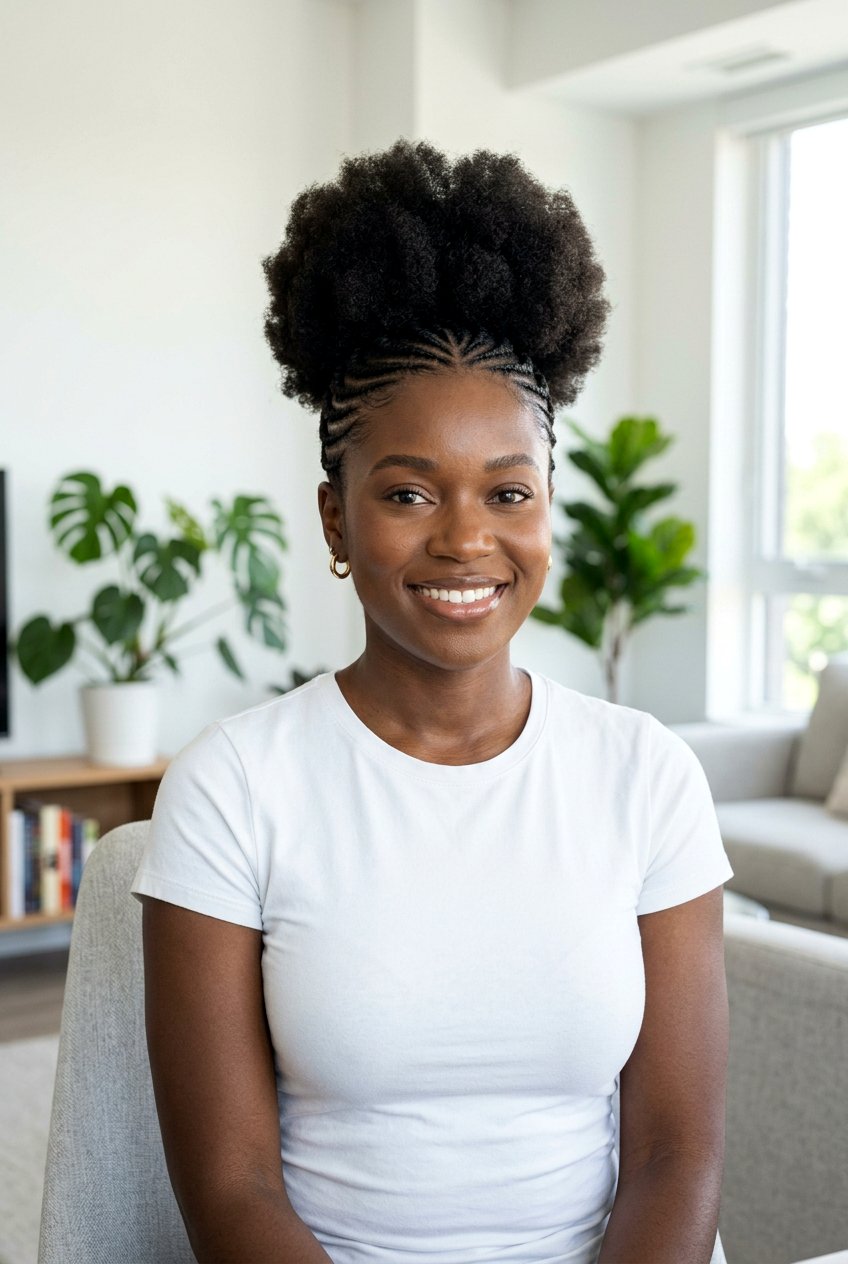 Puff with Cornrowed Sides on Natural Hair - 20 easy protective styles without extensions - 20 easy protective styles without extensions