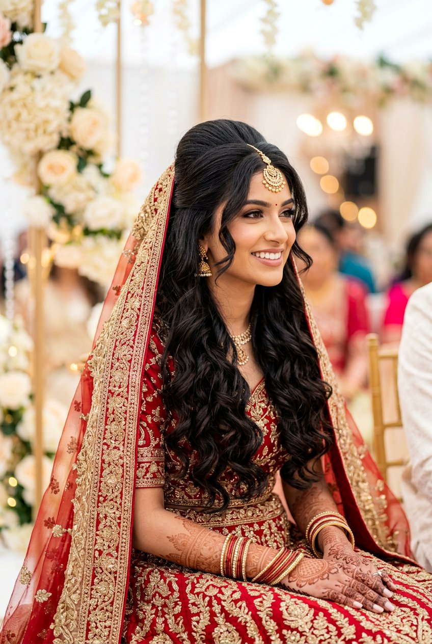 Puffed Front with Loose Curls Mehndi Hairstyle - 20 mehndi hairstyles - 20 mehndi hairstyles