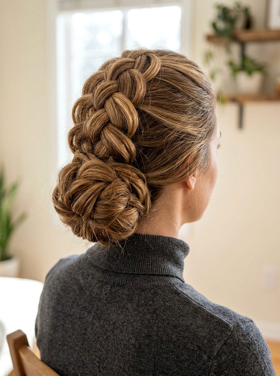 Pull Through Braid Low Bun - 20 office hairstyle with low braid bun