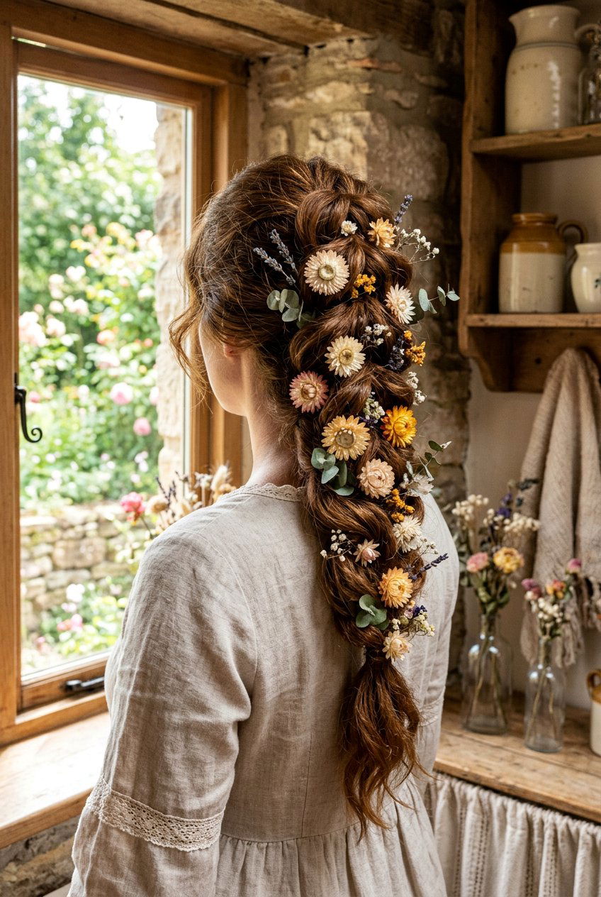 Pull Through Braid With Dried Flowers - 20 fairycore braid hairstyle with flowers - 20 fairycore braid hairstyle with flowers