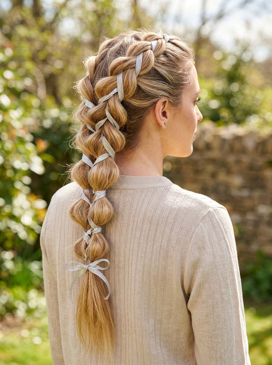 Pull Through Braid With Silver Ribbon - 20 silver ribbons for shoulder length hair - 20 silver ribbons for shoulder length hair