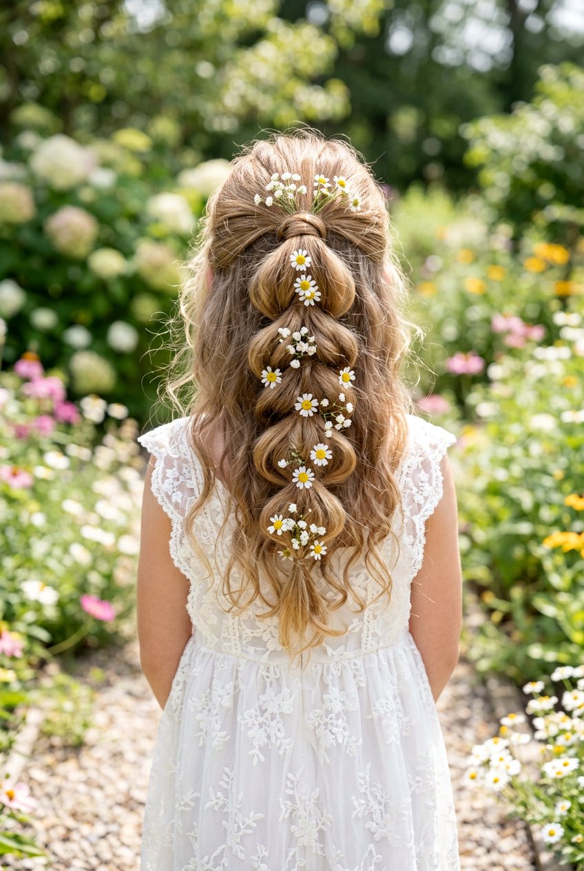 Pull through braid ponytail with flowers - 20 communion ponytail hairstyle - 20 communion ponytail hairstyle