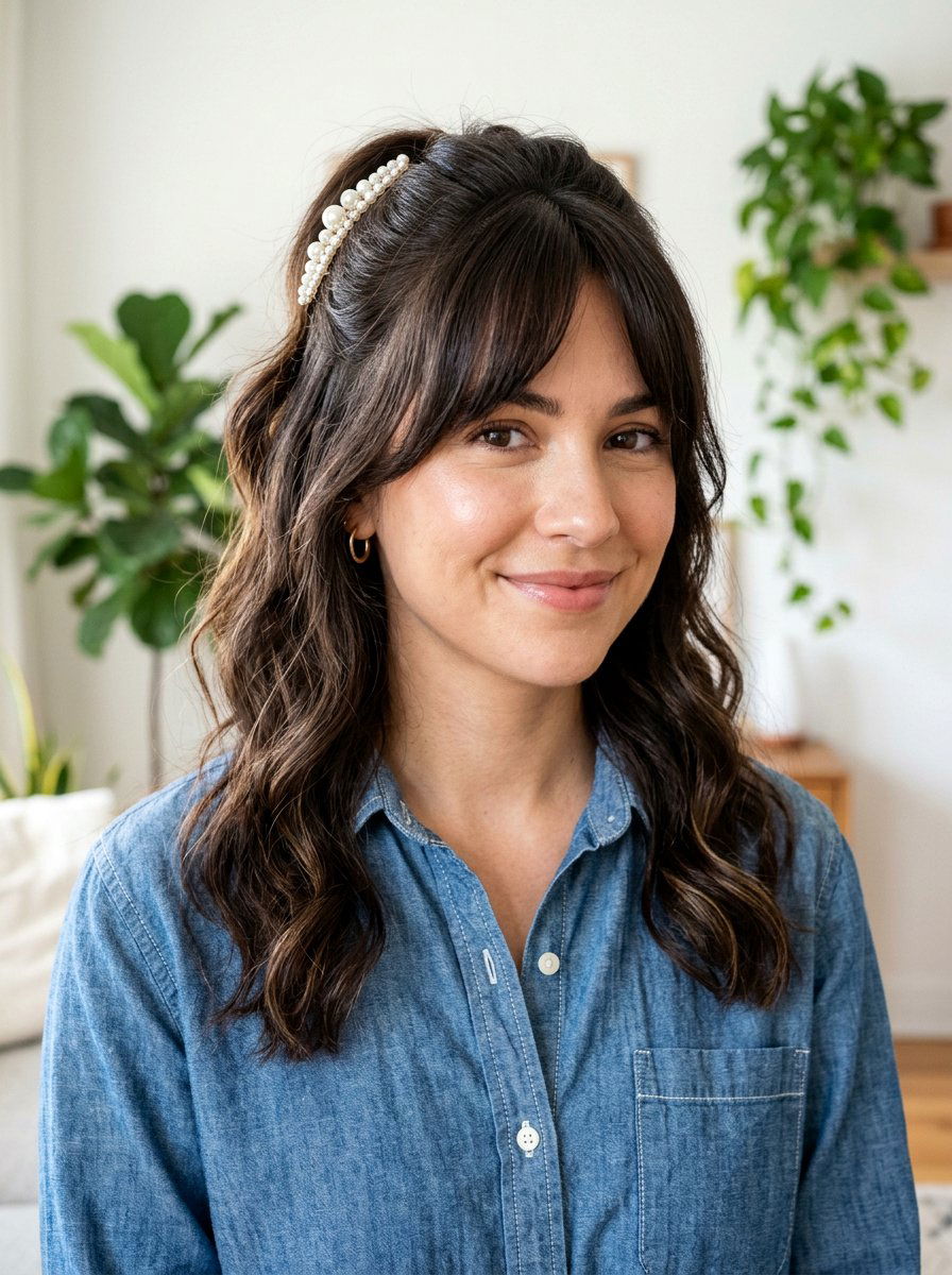 Pulled Back Curtain Bangs With Pearl Barrette - 20 office hairstyle with pearl barrette - 20 office hairstyle with pearl barrette