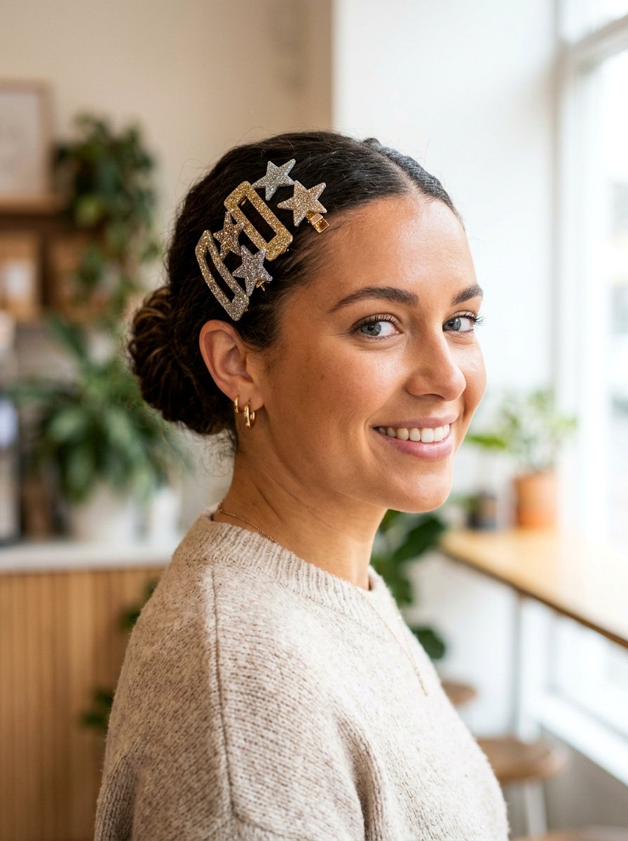 Pulled Back Hair With Glitter Clips - 20 party hairstyle with glitter clips - 20 party hairstyle with glitter clips