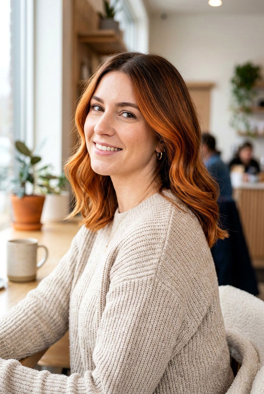 Pumpkin Copper Balayage On Shoulder Length Hair - 20 pumpkin copper balayage - 20 pumpkin copper balayage