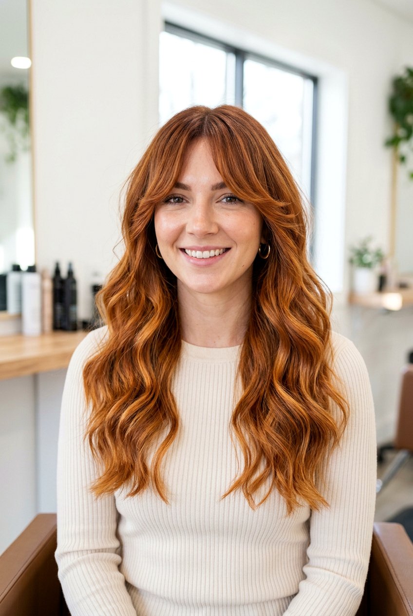 Pumpkin Copper Balayage With Curtain Bangs - 20 pumpkin copper balayage - 20 pumpkin copper balayage