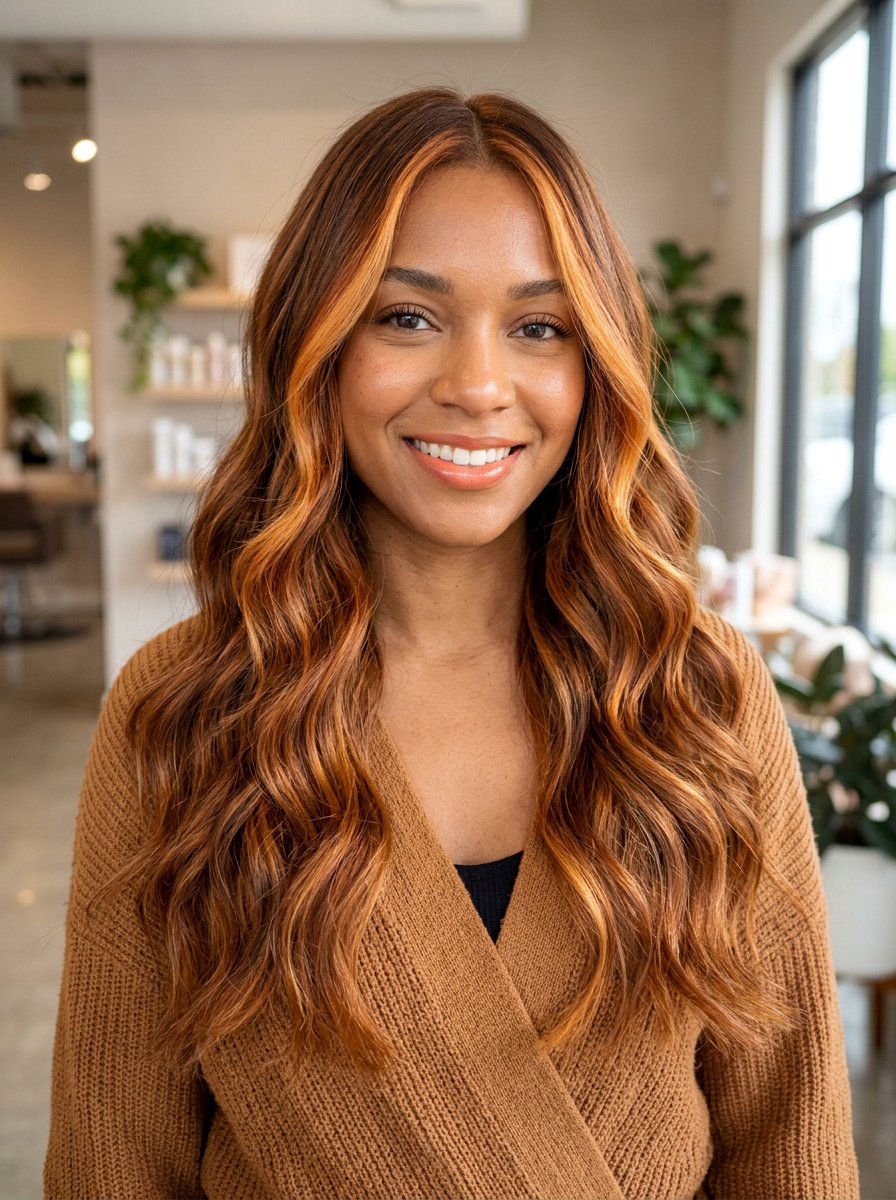 pumpkin spice balayage with face framing money piece