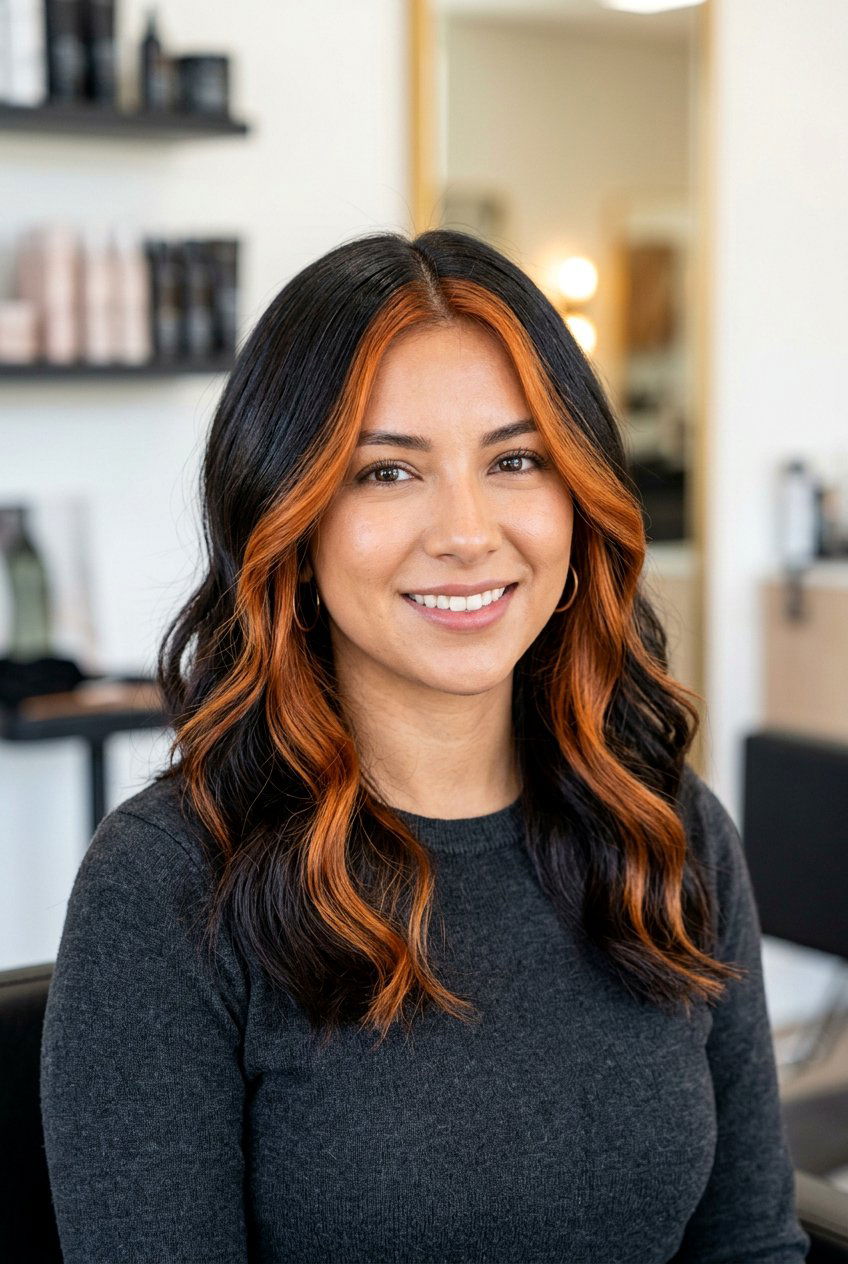 Pumpkin Spice Money Piece On Dark Hair - 20 autumn pumpkin spice highlights - 20 autumn pumpkin spice highlights