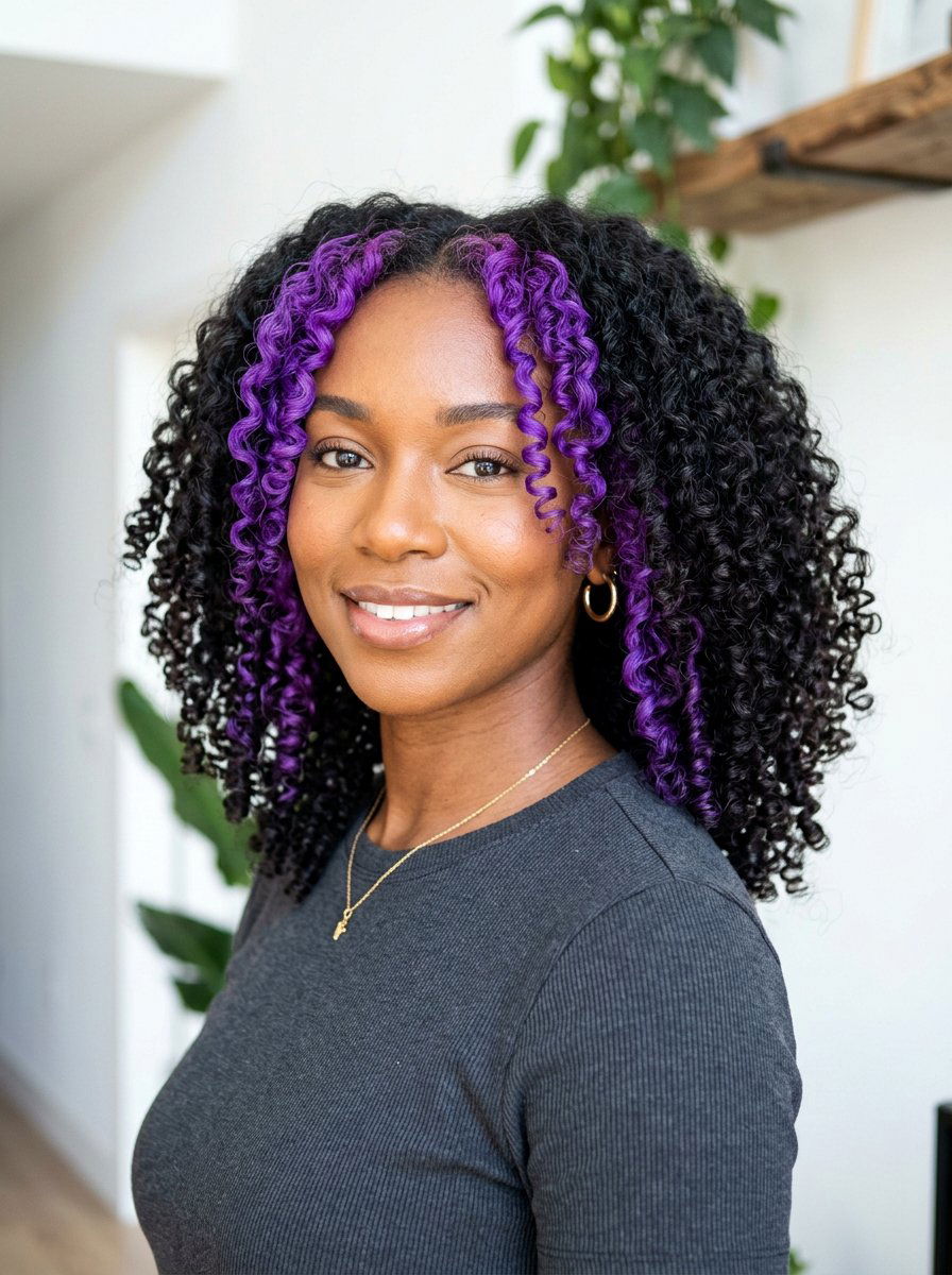 Purple Money Piece On Curly Dark Hair - 20 purple money piece on dark hair - 20 purple money piece on dark hair