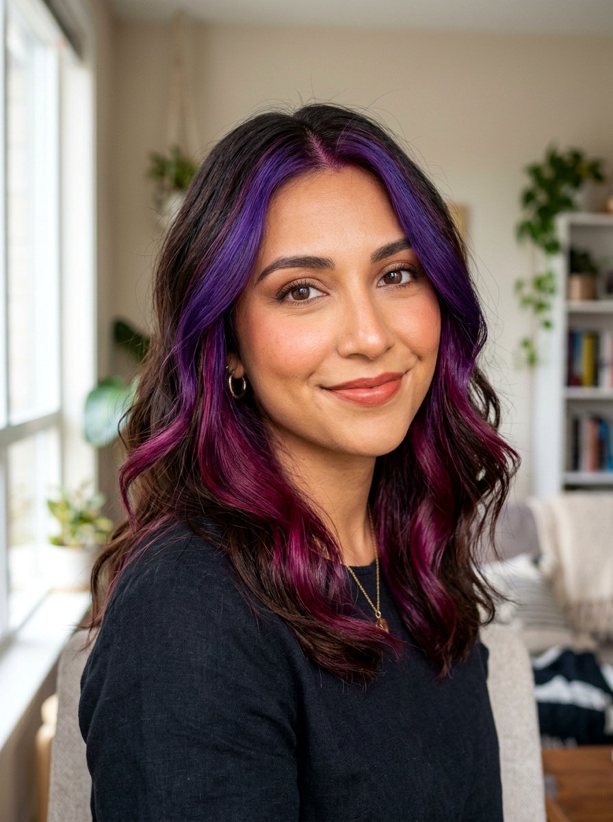 Purple Money Piece On Dark Hair For Warm Skin Tones - 20 purple money piece on dark hair - 20 purple money piece on dark hair