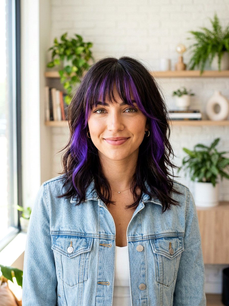 Purple Money Piece On Dark Hair With Bangs - 20 purple money piece on dark hair - 20 purple money piece on dark hair
