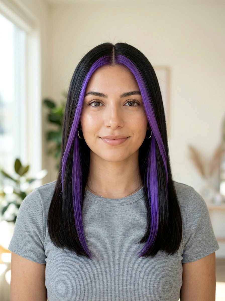 Purple Money Piece On Dark Hair With Middle Part - 20 purple money piece on dark hair - 20 purple money piece on dark hair