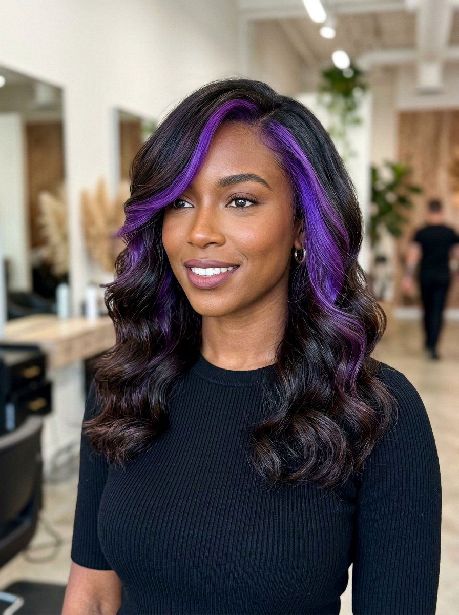 Purple Money Piece On Dark Hair With Side Part - 20 purple money piece on dark hair - 20 purple money piece on dark hair