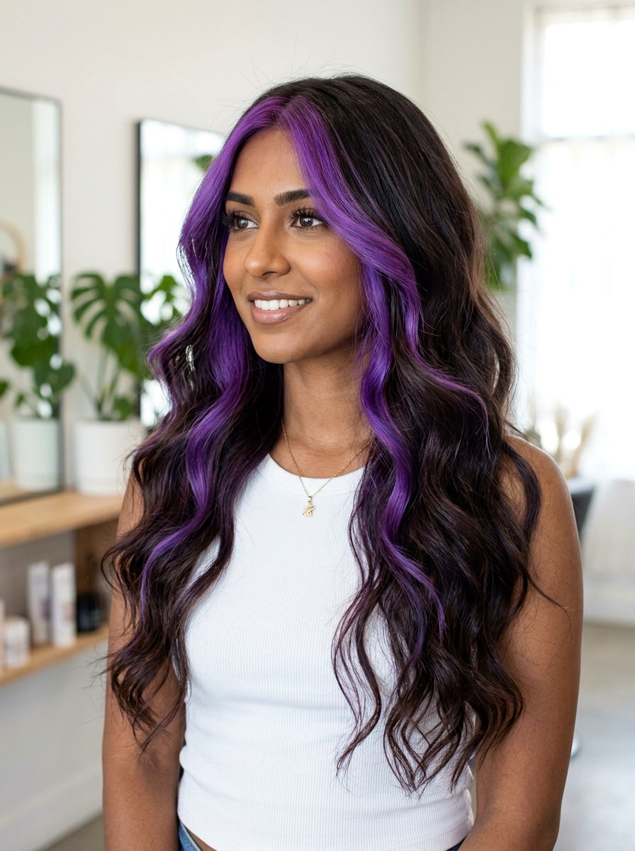 Purple Money Piece On Long Dark Layers - 20 purple money piece on dark hair - 20 purple money piece on dark hair