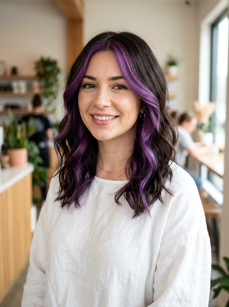 Purple Money Piece On Shoulder Length Dark Hair - 20 purple money piece on dark hair - 20 purple money piece on dark hair