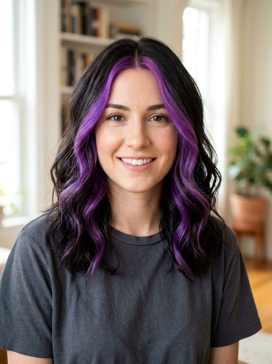 Purple Money Piece On Wavy Dark Hair - 20 purple money piece on dark hair - 20 purple money piece on dark hair