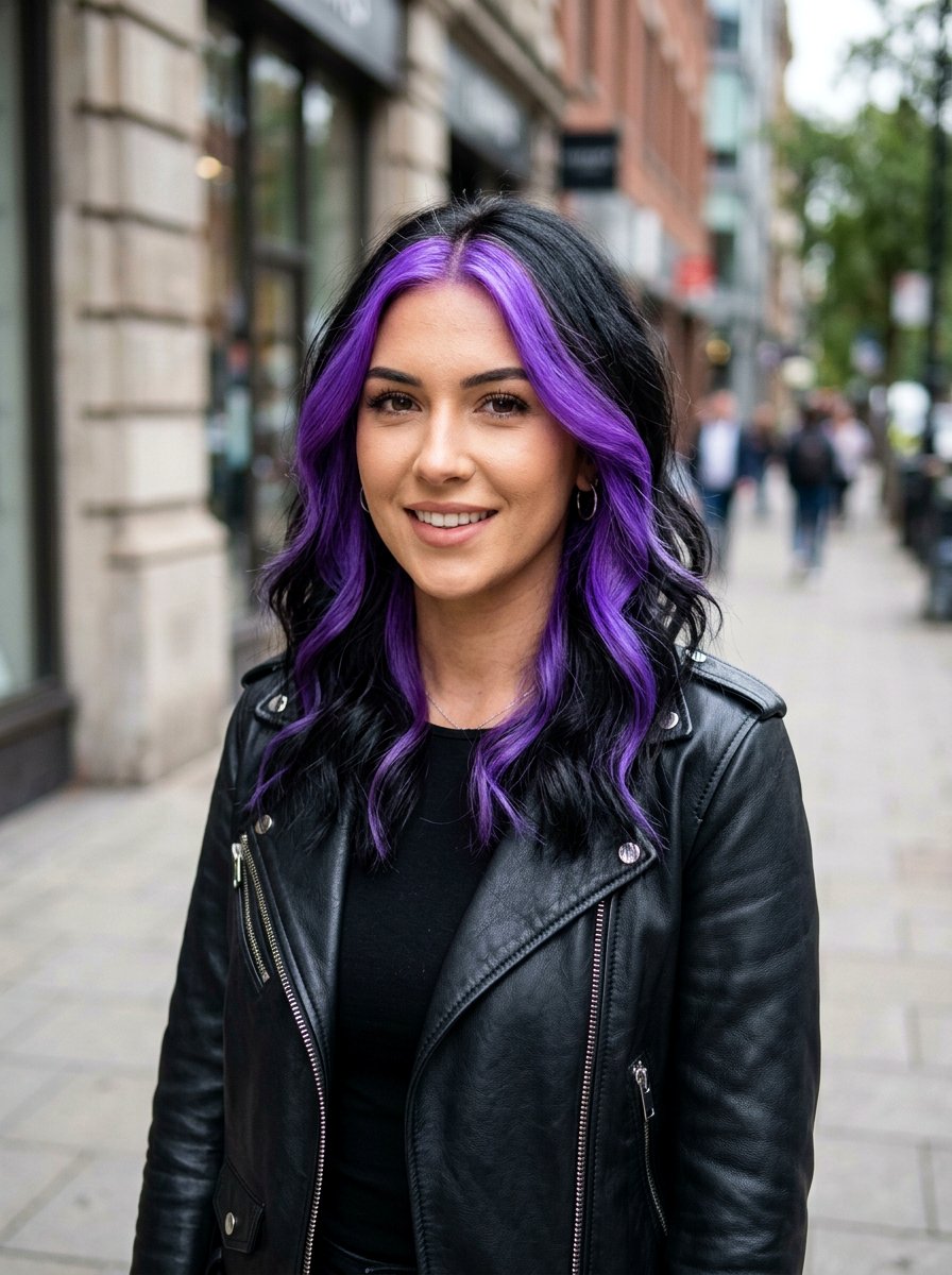 Purple Money Piece With Black Hair - 20 purple balayage with black roots - 20 purple balayage with black roots