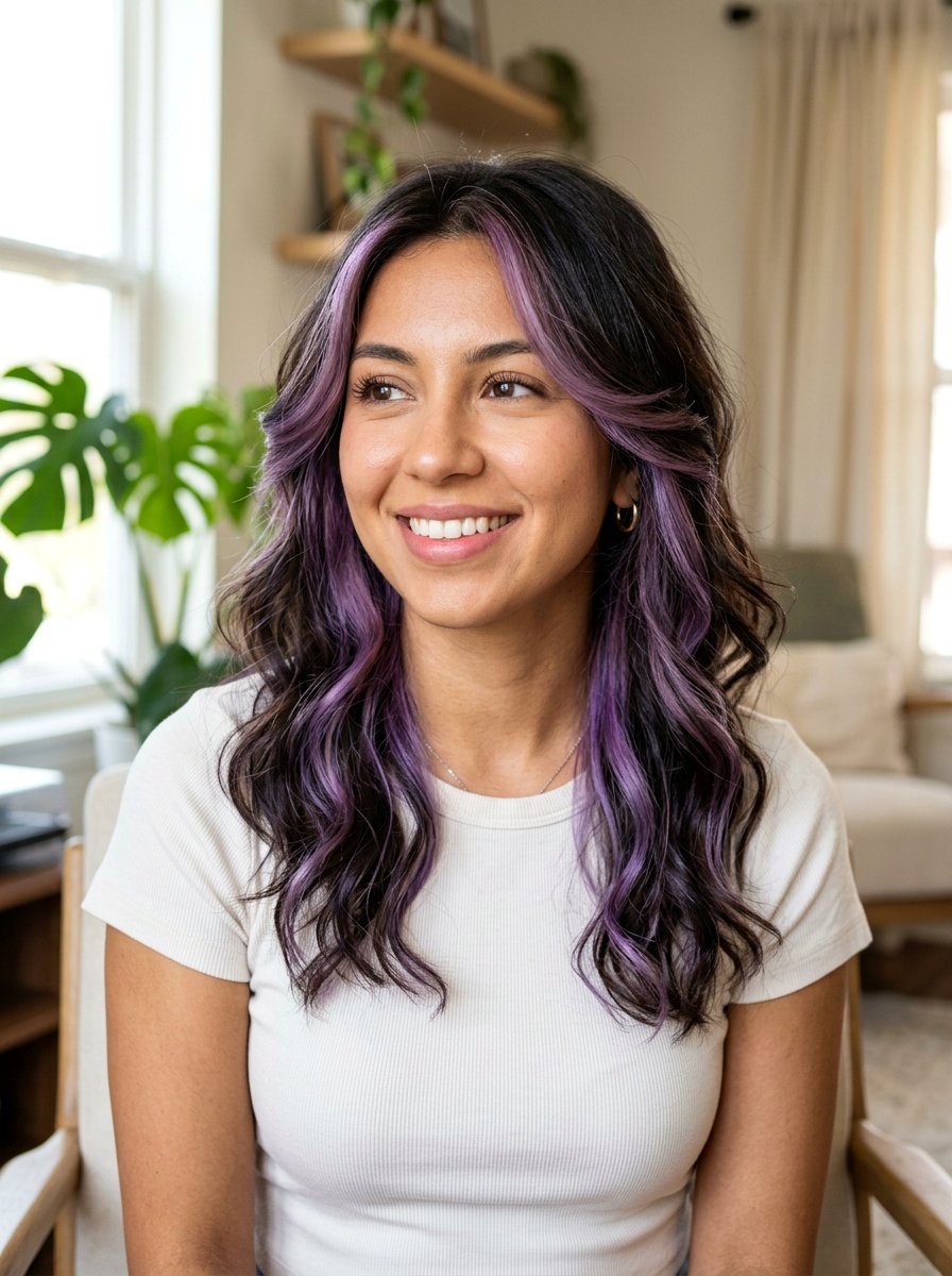 Purple Peekaboo Highlights In Face Framing Pieces - 20 purple peekaboo hair color - 20 purple peekaboo hair color