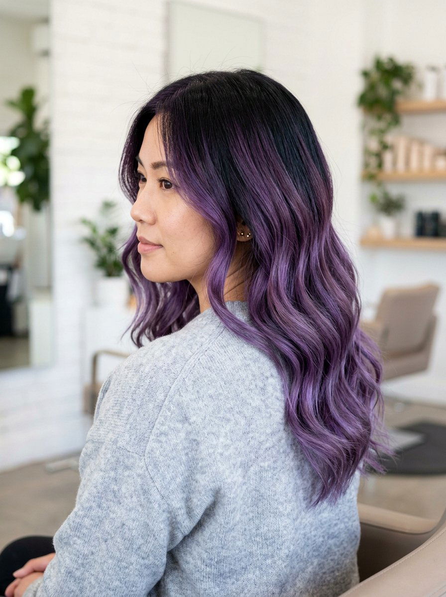 Purple Root Smudge Balayage on Black Hair - 20 purple balayage with black roots - 20 purple balayage with black roots